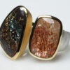 Boulder opal, sunstone, brushed silver and mat vermeil ring.