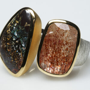 Boulder opal, sunstone, brushed silver and mat vermeil ring.