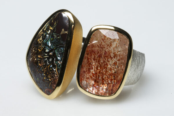 Boulder opal, sunstone, brushed silver and mat vermeil ring.