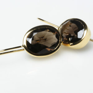 Picture of golden earrings with oval brown stones.