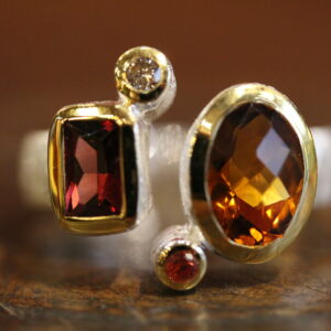 Silver, vermeil, citrin, rhodolite,sapphire and diamond ring.