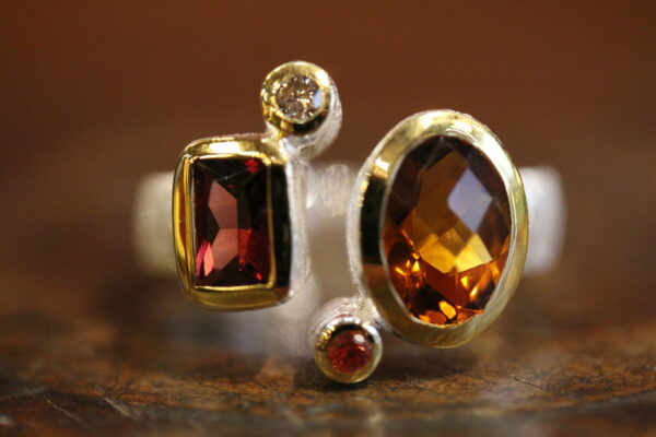 Silver, vermeil, citrin, rhodolite,sapphire and diamond ring.