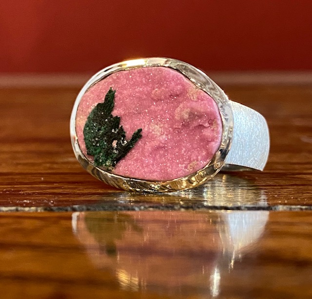 Sterling silver ring with calcite and malachite.