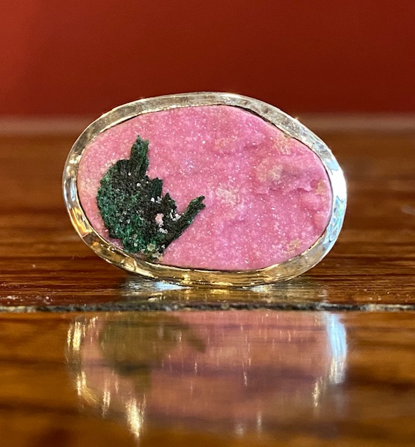 Sterling silver ring with calcite and malachite.