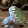 Silver and prehnite ring with epidote inclusions