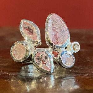 Silver, morganite and diamond ring